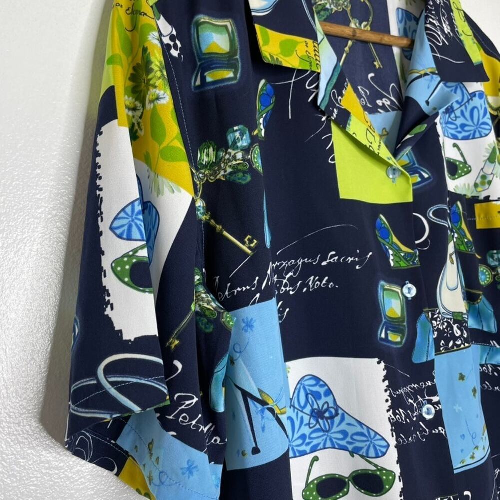 Susan Graver Top Novelty Art Shirt L Blue Green Purse Sunglasses Graphic Blouse